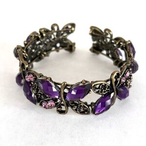 Butterfly Purple Pink Stone Gold Tone Cuff Bracelet